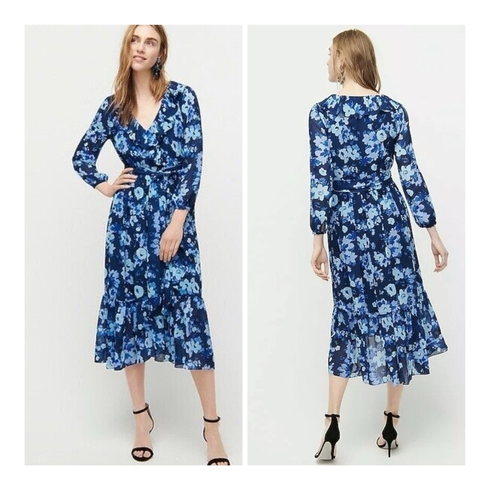 NEW J.Crew Size 2 Watercolors Begonia Blue Floral Faux Wrap‎ Midi Dress